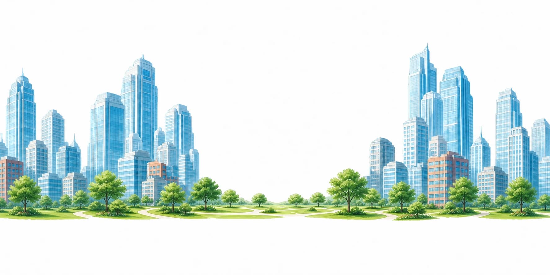 Ilustrasi taman hijau di tengah gedung perkotaan